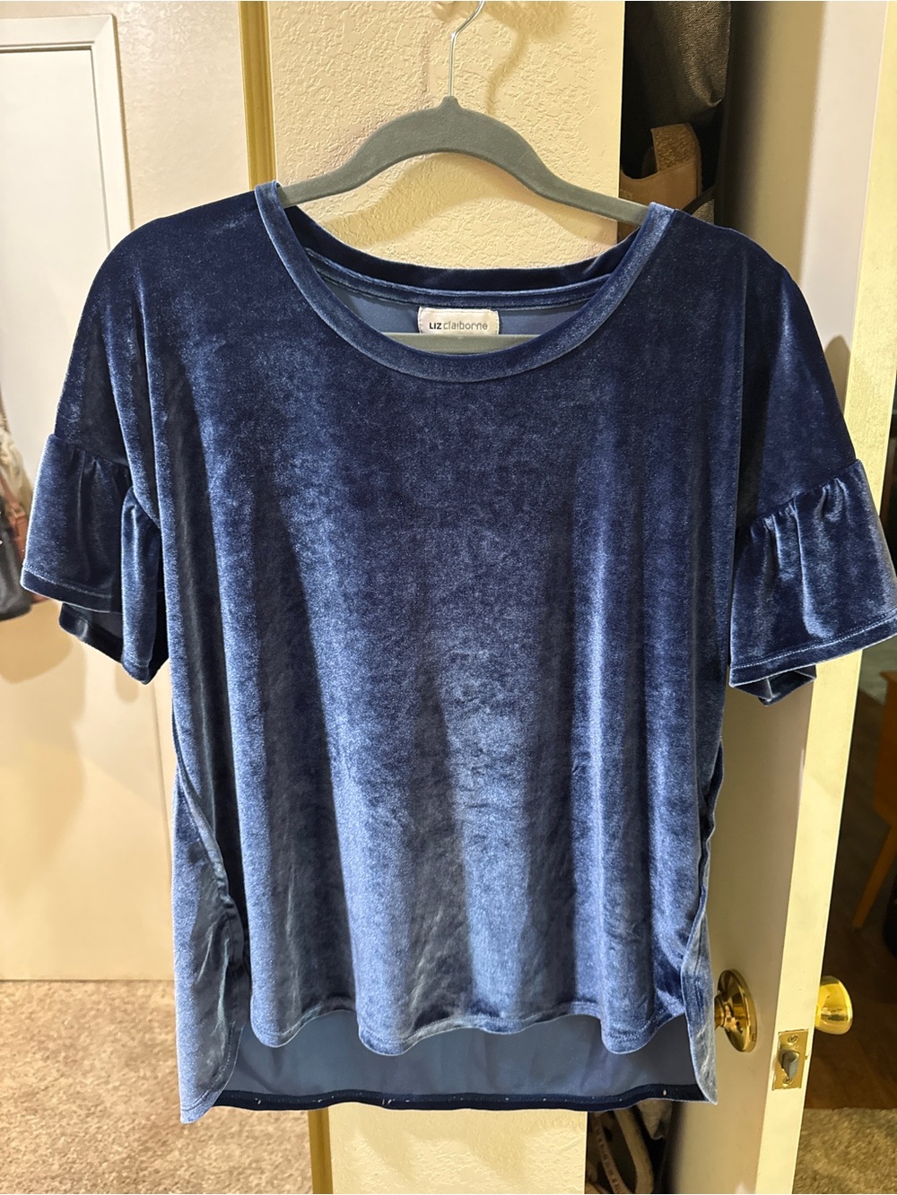 Liz Claiborne Velvet Short Sleeve Ruffle-Sleeve Top - Navy Blue